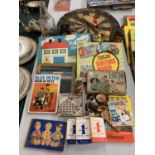 A COLLECTION OF VINTAGE CHILDRENS GAMES AND BOOKS TO INCLUDE A DART BOARD