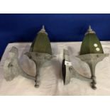 A VINTAGE PAIR OF METAL AND GREEN EXTERIOR LIGHTS