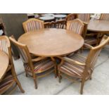 A CIRCULAR 'CLASSIC FURNITURE' DINING TABLE AND FOUR ELBOW CHAIRS WITH VERTICAL STRIPES, 47"