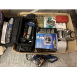 A BOX OF ASSORTED CAMERAS TO INCLUDE A CAMCORDER AND A FUJIFILM F450 ETC