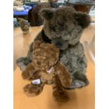 A LARGE DARK GREY CHARLIE BEAR AND HIS SMALLER BROWN FRIEND