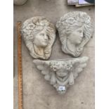 TWO GODDESS WALL PLANTERS AND A FURTHER CHERUB STONE EFFECT WALL PLANTER