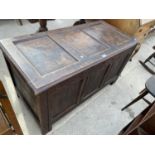 AN EARLY 19TH CENTURY CARVED AND PANELED OAK BLANKET CHEST - REQUIRES HINGES