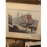 A FRAMED LIMITED EDITION PRINT (32/750) OF THE OLD SHAMBLES MANCHESTER, SIGNED BY P WINNINGTON