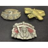 THREE BELT BUCKLES TO INCLUDE HARLEY DAVIDSON, GRIM REAPER AND A COWBOY THEME