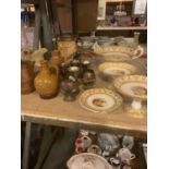 AN ASSORTMENT OF STONE, CERAMIC AND METALWARE TO INCLUDE CAKE STANDS (A/F), METAL WINE GOBLETS ETC