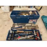A LARGE TOOL BOX TO INCLUDE CONTENTS SUCH AS HAMMER, AXE ETC.
