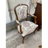 A CONTINENTAL STYLE OPEN ARMCHAIR WITH TAPESTRY SEAT AND BACK
