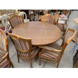 A CIRCULAR 'CLASSIC FURNITURE' DINING TABLE AND FOUR ELBOW CHAIRS WITH VERTICAL STRIPES, 47"