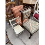 A BEDROOM CHAIR, A PAINTED CHILD'S CHAIR AND A VICTORIAN DINING CHAIR