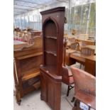 A MAHOGANY CORNER CABINET WITH LOWER DOOR AND UPPER SHELVING