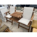 A TEAK GARDEN TABLE TO INCLUDE TWO CHAIRS