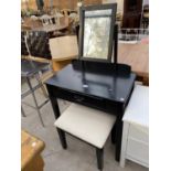A MODERN BLACK PAINTED DRESSING TABLE AND STOOL