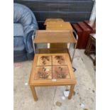 A TILE TOP COFFEE TABLE AND THREE TEA TROLLEYS