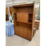 A RETRO TEAK CABINET WITH FALL FRONT AND TWO DOORS