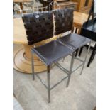 A PAIR OF 'COACH HOUSE ANTIQUE' KITCHEN BAR STOOLS WITH LEATHER BACKS AND SEATS ON CHROME FRAME