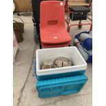 TWO CHILDREN'S CHAIRS, PICNIC COOL BOX WITH PLASTIC PICNIC CONTENTS