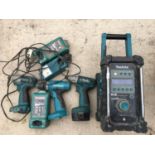 VARIOUS MAKITA DRILLS AND MAKITA RADIO