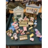 A LARGE COLLECTION OF SYLVANIAN FAMILY ITEMS TO INCLUDE FURNITURE AND A BOAT ETC