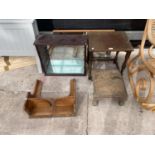 A FOOTSTOOL, SMALL OAK TABLE, TWO PINE CORNER SHELVES, A TEAK MIRROR AND A SMALL MIRROR BACKED