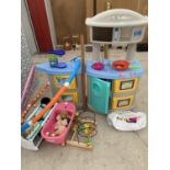 A LARGE PLASTIC CHILDREN'S PLAY KITCHEN, HULA HOOPS, CRIBS ETC.