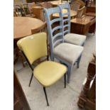 A RETRO KITCHEN CHAIR WITH BLACK PAINTED TUBULAR STEEL FRAMES AND A PAIR OF MODERN LADDERBACK CHAIRS