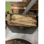 A VINTAGE WOODEN BOX CONTAINING VARIOUS RECORDS