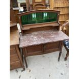 AN OAK WASHSTAND WITH TILED SPLASHBACK AND MARBLE TOP