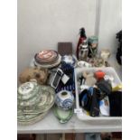 A MIXED LOT TO INCLUDE SODA SYPHON, COCKTAIL SHAKER, CROCKERY, JEWELLERY BOX ETC.