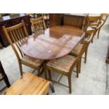 A SET OF FOUR ERCOL ELM DINING CHAIRS AND A STRONGBOW YEW WOOD TWIN PEDESTAL DINING TABLE, 56x31" (