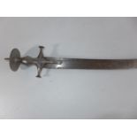 AN INDIAN TULWAR SWORD, 80CM CURVED BLADE, THE GRIP WITH STAMPED NUMERALS