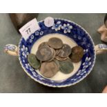 A COLLECTION OF EARLY VICTORIAN COINS IN A BLUE AND WHITE WARE TWIN HANDLED DISH