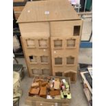A LARGE WOODEN DOLLS HOUSE TO INCLUDE LARGE QUANTITY OF WOODEN DOLLS HOUSE FURNITURE
