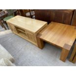 A MODERN OAK TV STAND, 49" WIDE AND A LAMP TABLE, 25" SQUARE