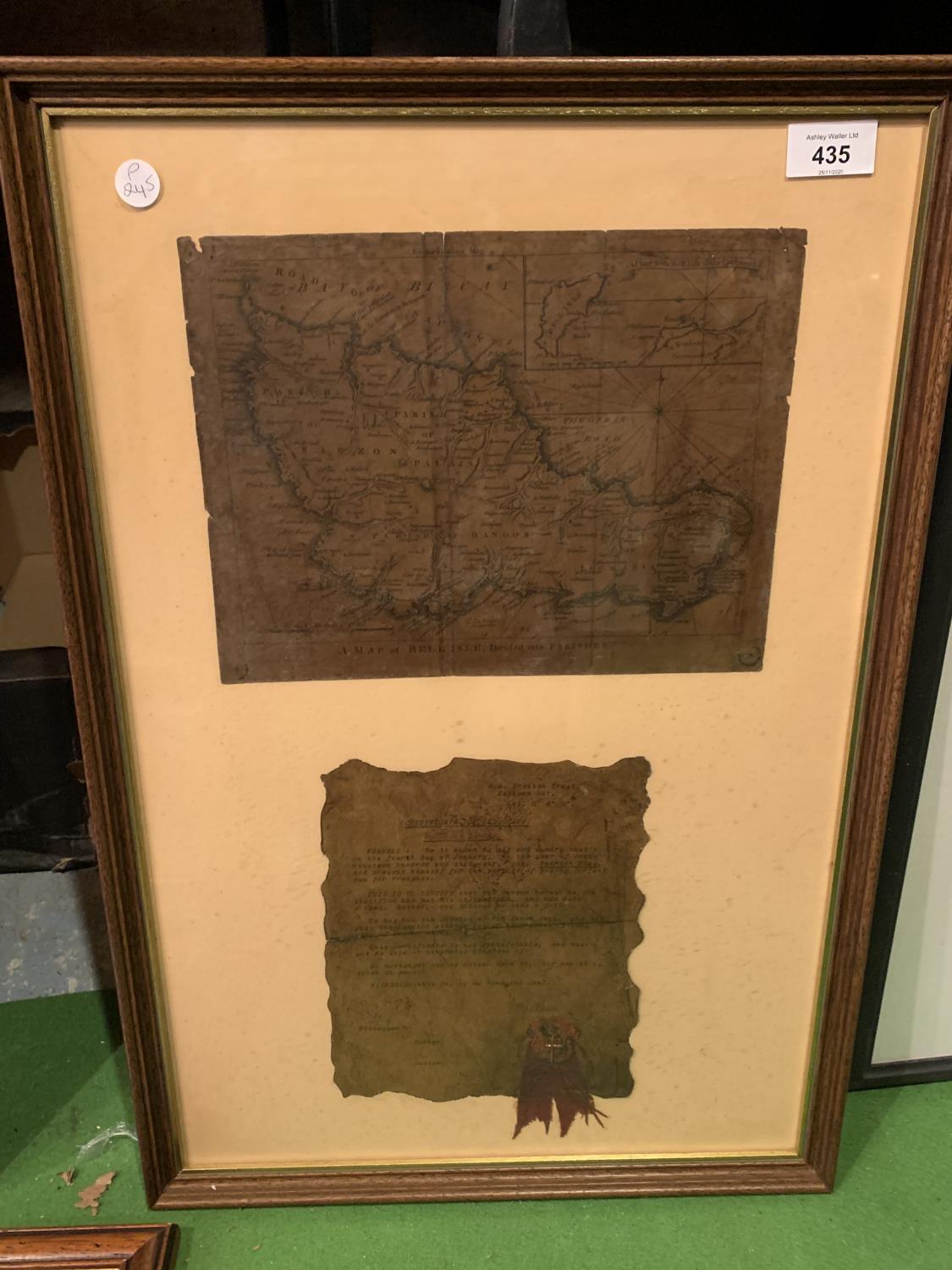A FRAMED MAP OF BELL ISLE AND A CERTIFICATE OF CROSSING