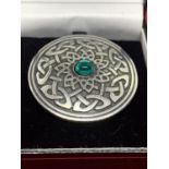 A BOXED CELTIC STYLE PEWTER BROOCH WITH A BLUE STONE