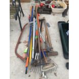 VARIOUS GARDEN TOOLS - SLEDGE HAMMERS, BOW SAW ETC