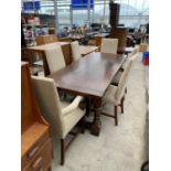 A PLANK TOP REFECTORY STYLE OAK DINING TABLE WITH FOUR MODERN DINING CHAIRS AND TWO CARVERS