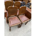 A SET OF FOUR MID 20TH CENTURY OAK DINING CHAIRS ON TURNED FRONT LEGS, 31" WIDE