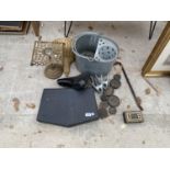 VARIOUS VINTAGE ITEMS - A CANTEEN OF CUTLERY, BICYCLE SEAT, WEIGHTS, BRASS TRIVET, WALL SCONCE ETC