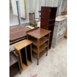 A CD RACK, OPEN OAK BOOKCASE AND A MAHOGANY EFFECT OPEN BOOKCASE