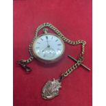 A GOLD PLATED POCKET WATCH (NO GLASS) WITH CHAIN AND FOB ENGRAVED A 1921 SHEFFIELD EDUCATION