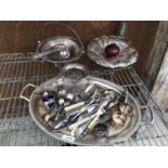 A COLLECTION OF SILVER PLATED AND EPNS ITEMS TO INCLUDE TRAYS, FLATWEAR, NAPKIN RINGS ETC.