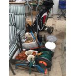 A HOSE REEL, PLANT POTS, GARDEN TOOLS ETC