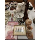 AN ASSORTMENT OF GLASS,CERAMIC AND WOOD WARE TO INCLUDE TWO MASONIC WOODEN COLUMNS ETC