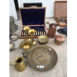 A COPPER JUG, BRASS VASES, TWO CUTLERY SETS ETC