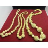 ANTIQUE IVORY COLOURED CARVED ROSE BEADS NECKLACE, SINGLE GRADUATED STRAND 40 INCHES TOGETHER WITH