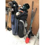 THREE SETS OF GOLF CLUBS TO INCLUDE DRIVERS AND WOODS AND TWO GOLF BAGS