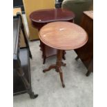 A 19TH CENTURY STYLE TRIPOD TABLE (17" DIAMETER) AND A MODERN KIDNEY SHAPED TABLE