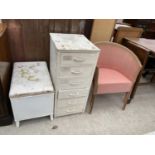 A LLOYD LOOM STYLE BEDROOM CHAIR, OTTOMAN AND A PAINTED SIX DRAWER CHEST